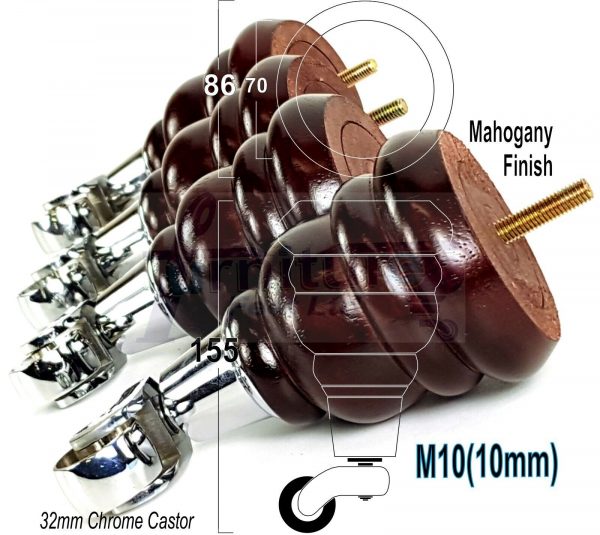 4 WOODEN FURNITURE LEGS M10 REPLACEMENT FEET WITH CASTORS 155mm HIGH MAHOGANY - Image 12