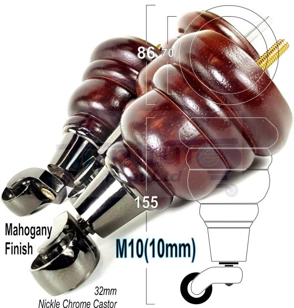 4 WOODEN FURNITURE LEGS M10 REPLACEMENT FEET WITH CASTORS 155mm HIGH MAHOGANY - Image 14