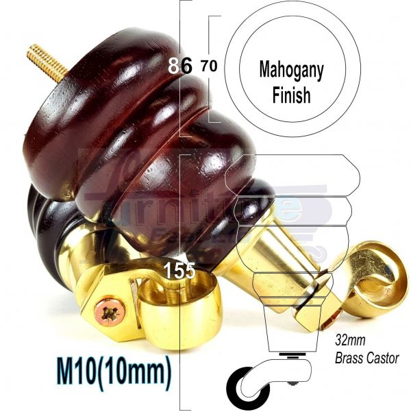 4 WOODEN FURNITURE LEGS M10 REPLACEMENT FEET WITH CASTORS 155mm HIGH MAHOGANY - Image 11