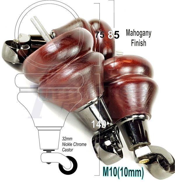 4 WOODEN FURNITURE LEGS M10 REPLACEMENT FEET WITH MULTIPLE CASTORS 140mm HIGH - Image 6