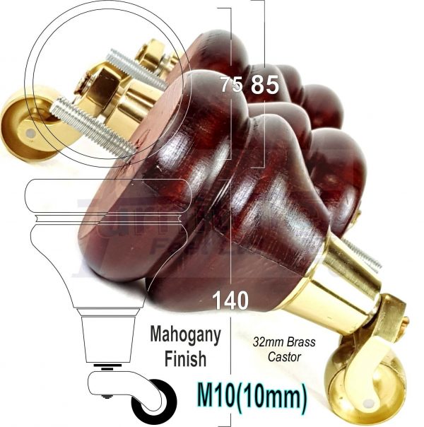 4 WOODEN FURNITURE LEGS M10 REPLACEMENT FEET WITH MULTIPLE CASTORS 140mm HIGH - Image 3