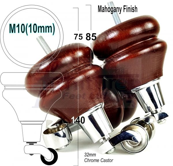 4 WOODEN FURNITURE LEGS M10 REPLACEMENT FEET WITH MULTIPLE CASTORS 140mm HIGH - Image 4