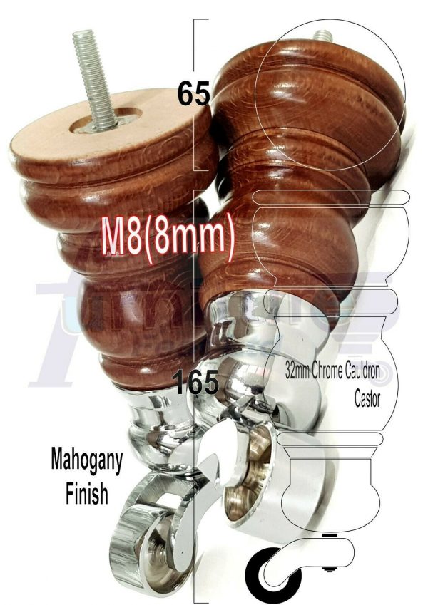 4 WOODEN FURNITURE LEGS M8 REPLACEMENT FEET WITH MULTIPLE CASTORS 165mm HIGH - Image 17