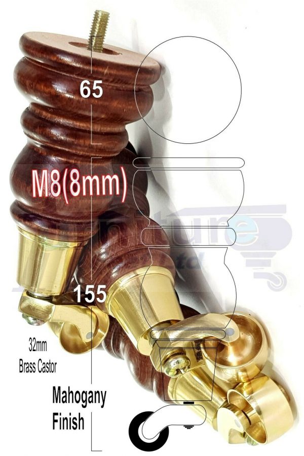 4 WOODEN FURNITURE LEGS M8 REPLACEMENT FEET WITH MULTIPLE CASTORS 165mm HIGH - Image 12