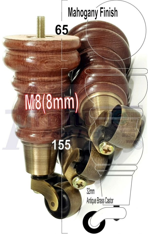 4 WOODEN FURNITURE LEGS M8 REPLACEMENT FEET WITH MULTIPLE CASTORS 165mm HIGH - Image 14