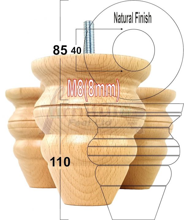 4 Wood Turned Bun Furniture Legs M8 Replacement Chair Sofa Bed Feet 110mm High - Image 26