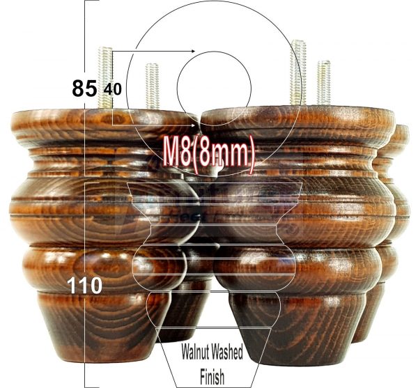 4 Wood Turned Bun Furniture Legs M8 Replacement Chair Sofa Bed Feet 110mm High - Image 18