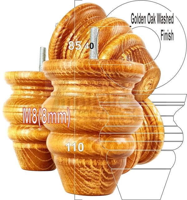 4 Wood Turned Bun Furniture Legs M8 Replacement Chair Sofa Bed Feet 110mm High - Image 25