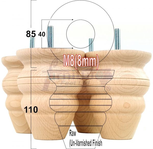4 Wood Turned Bun Furniture Legs M8 Replacement Chair Sofa Bed Feet 110mm High - Image 32
