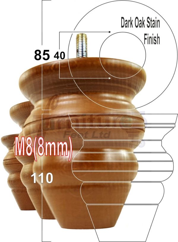 4 Wood Turned Bun Furniture Legs M8 Replacement Chair Sofa Bed Feet 110mm High - Image 30