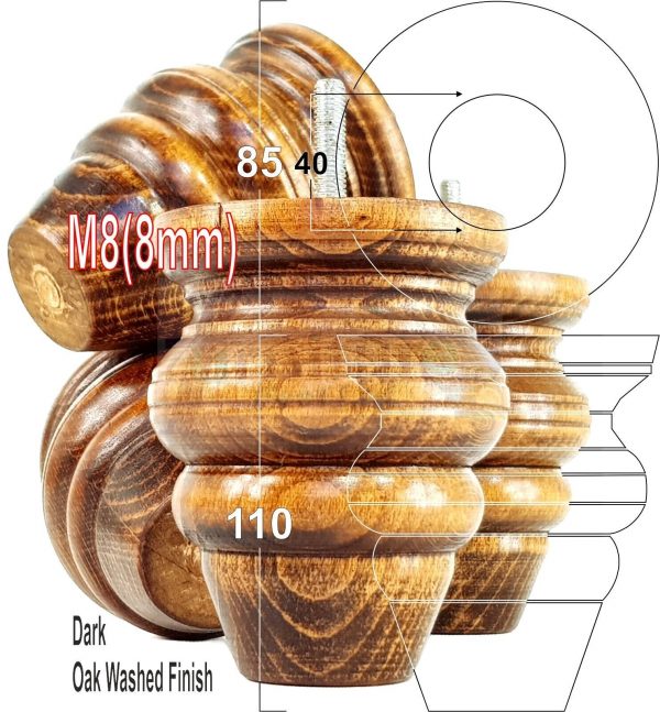 4 Wood Turned Bun Furniture Legs M8 Replacement Chair Sofa Bed Feet 110mm High - Image 17