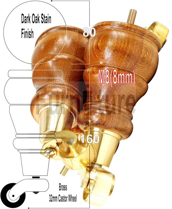 4 Wooden Furniture Sofa Legs M8 Castor Replacment Chair Settee Feet 160mm High - Image 13