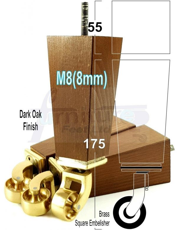 4x BRASS CASTOR LEGS 175mm High CHAIR REPLACEMENT SETTEE FURNITURE FEET M8(8mm) - Image 15