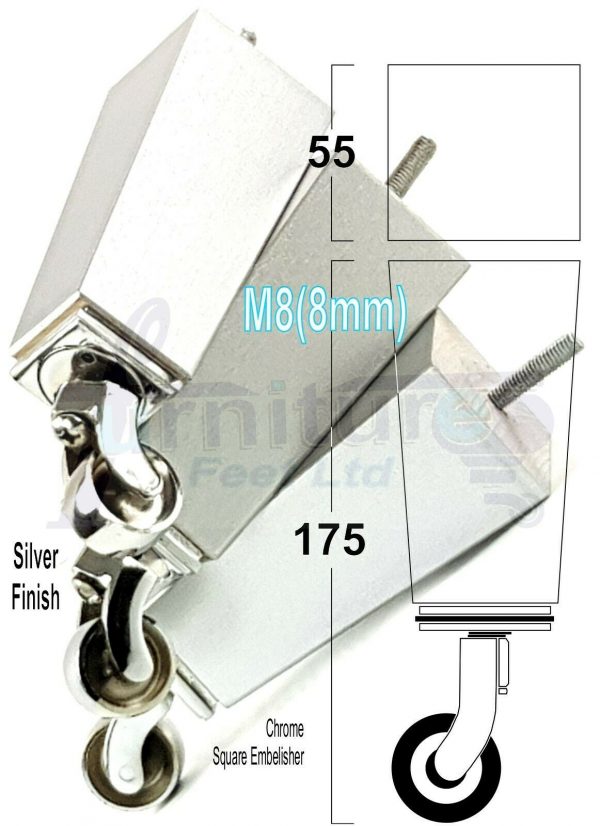 4x CHROME CASTOR LEGS 175mm High CHAIR REPLACEMENT SETTEE FURNITURE FEET M8(8mm) - Image 25