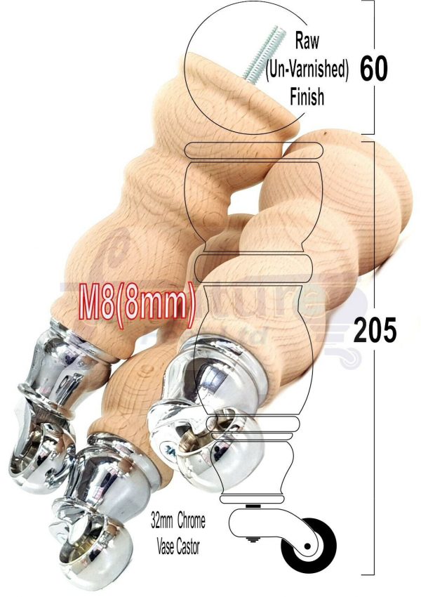 4x RAW WOODEN FURNITURE SOFA LEGS M8 REPLACEMENT FEET WITH CASTORS 215mm HIGH - Image 21