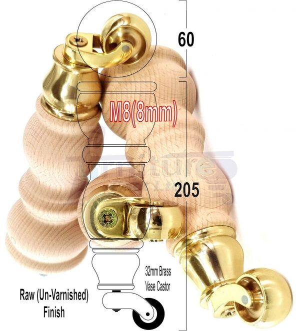 4x RAW WOODEN FURNITURE SOFA LEGS M8 REPLACEMENT FEET WITH CASTORS 215mm HIGH - Image 19