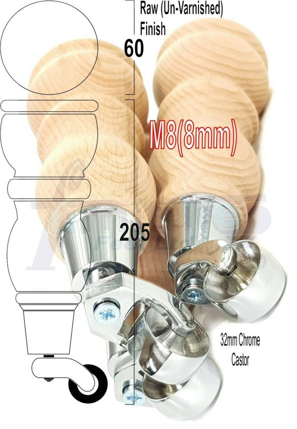 4x RAW WOODEN FURNITURE SOFA LEGS M8 REPLACEMENT FEET WITH CASTORS 215mm HIGH - Image 14