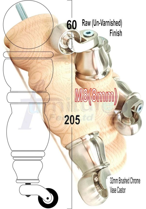 4x RAW WOODEN FURNITURE SOFA LEGS M8 REPLACEMENT FEET WITH CASTORS 215mm HIGH - Image 20