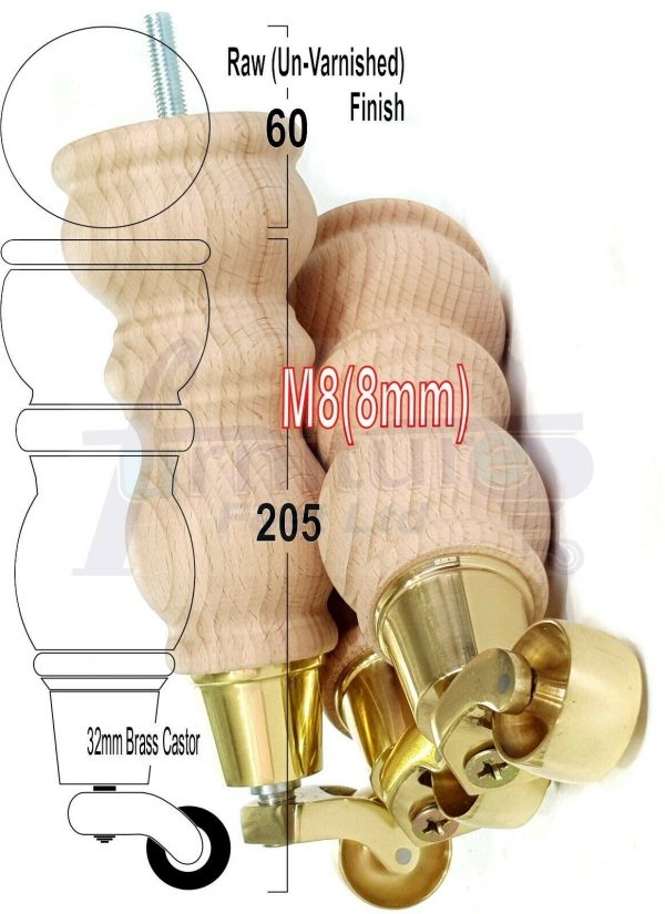 4x RAW WOODEN FURNITURE SOFA LEGS M8 REPLACEMENT FEET WITH CASTORS 215mm HIGH - Image 13