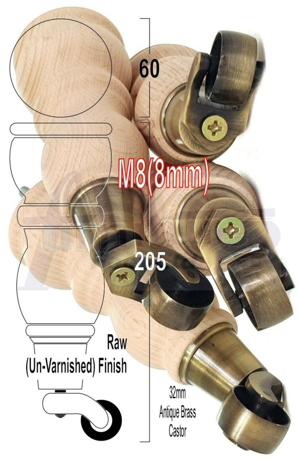 4x RAW WOODEN FURNITURE SOFA LEGS M8 REPLACEMENT FEET WITH CASTORS 215mm HIGH - Image 15