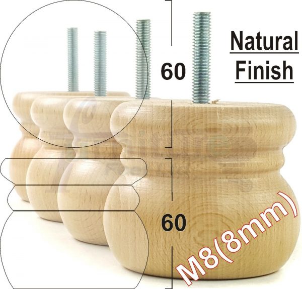 4x REPLACEMENT SOLID WOODEN FURNITURE SOFA LEGS M8(8mm) SETTEE FEET 60mm HIGH - Image 15