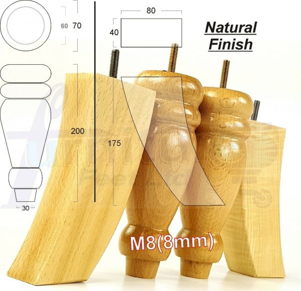 4x REPLACEMENT WOOD FURNITURE SOFA LEGS M8(8mm) CHAIR - SETTEE FEET 200mm HIGH - Image 8