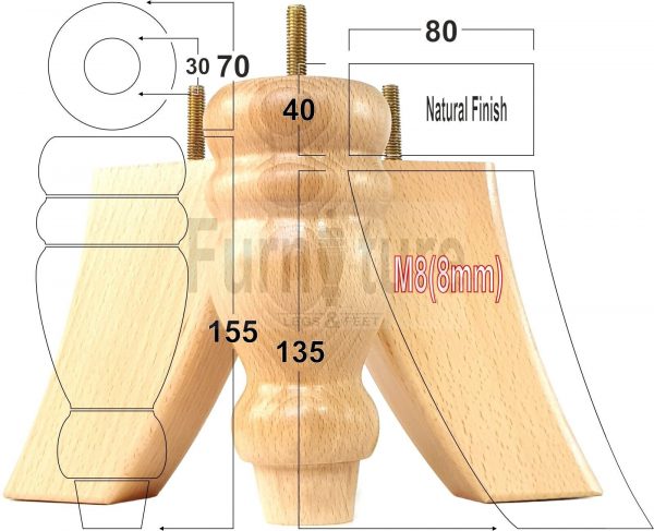 4x Replacement Wood Furniture Sofa Legs M8 Chair, Couch Settee Feet 155mm High - Image 17