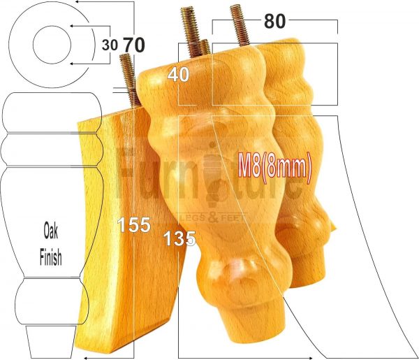 4x Replacement Wood Furniture Sofa Legs M8 Chair, Couch Settee Feet 155mm High - Image 18