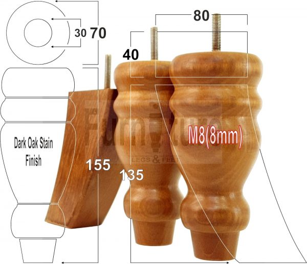 4x Replacement Wood Furniture Sofa Legs M8 Chair, Couch Settee Feet 155mm High - Image 27