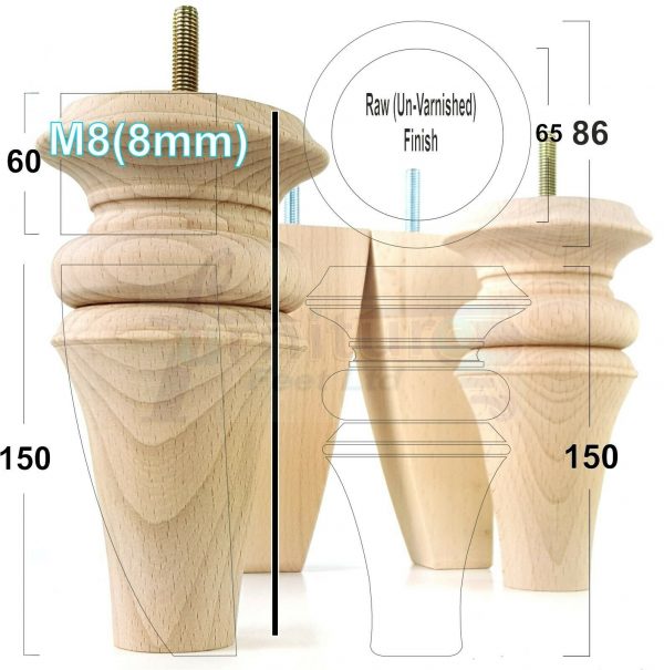 4x SOFA REPLACEMENT SOLID WOOD SETTEE FEET 150mm High FURNITURE LEGS M8(8mm) - Image 9