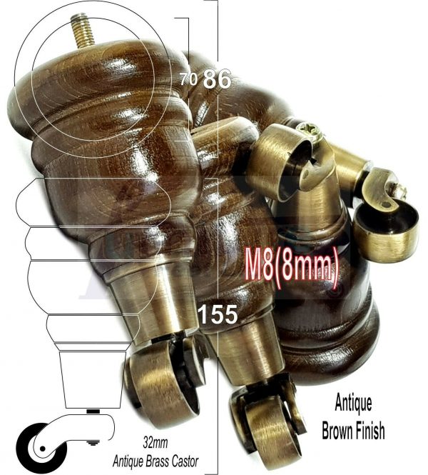 4x SOLID WOOD FURNITURE LEGS M8 REPLACEMENT ANTIQUE BRASS CASTOR FEET 155mm HIGH - Image 13
