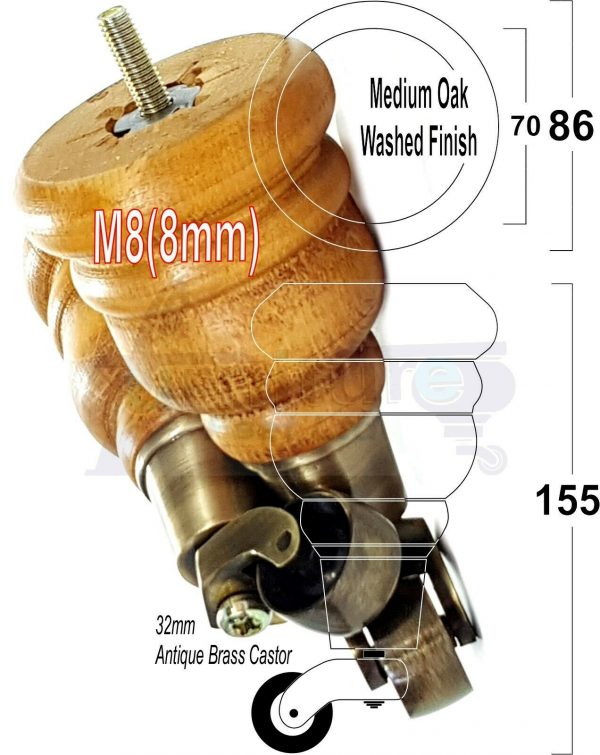 4x SOLID WOOD FURNITURE LEGS M8 REPLACEMENT ANTIQUE BRASS CASTOR FEET 155mm HIGH - Image 27