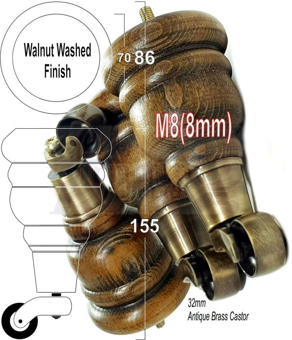 4x SOLID WOOD FURNITURE LEGS M8 REPLACEMENT ANTIQUE BRASS CASTOR FEET 155mm HIGH - Image 20