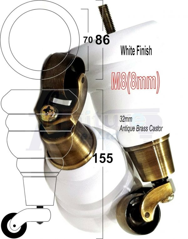 4x SOLID WOOD FURNITURE LEGS M8 REPLACEMENT ANTIQUE BRASS CASTOR FEET 155mm HIGH - Image 35