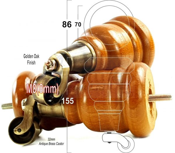 4x SOLID WOOD FURNITURE LEGS M8 REPLACEMENT ANTIQUE BRASS CASTOR FEET 155mm HIGH - Image 22