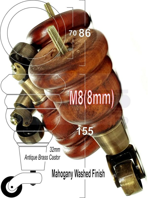 4x SOLID WOOD FURNITURE LEGS M8 REPLACEMENT ANTIQUE BRASS CASTOR FEET 155mm HIGH - Image 26