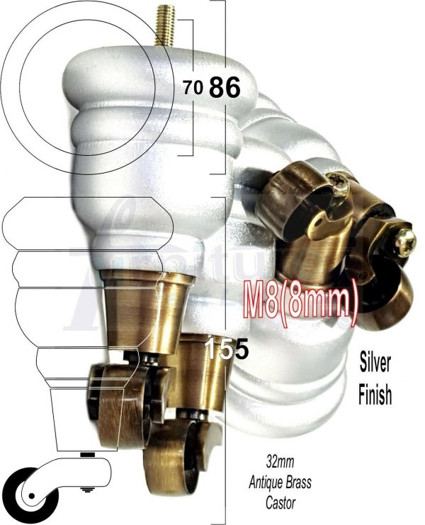 4x SOLID WOOD FURNITURE LEGS M8 REPLACEMENT ANTIQUE BRASS CASTOR FEET 155mm HIGH - Image 32