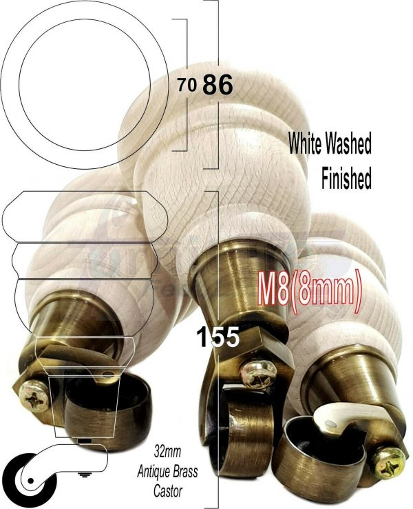 4x SOLID WOOD FURNITURE LEGS M8 REPLACEMENT ANTIQUE BRASS CASTOR FEET 155mm HIGH - Image 36