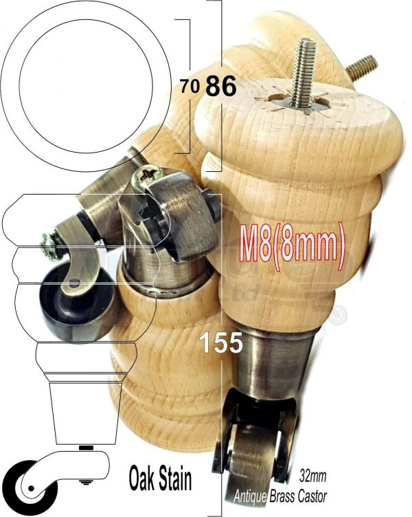 4x SOLID WOOD FURNITURE LEGS M8 REPLACEMENT ANTIQUE BRASS CASTOR FEET 155mm HIGH - Image 30