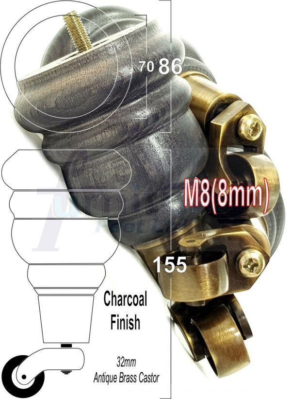 4x SOLID WOOD FURNITURE LEGS M8 REPLACEMENT ANTIQUE BRASS CASTOR FEET 155mm HIGH - Image 40