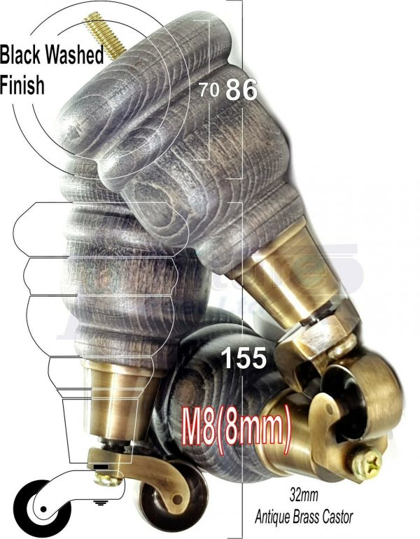 4x SOLID WOOD FURNITURE LEGS M8 REPLACEMENT ANTIQUE BRASS CASTOR FEET 155mm HIGH - Image 16