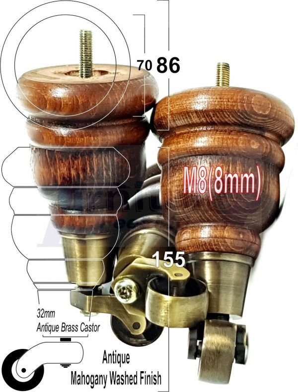 4x SOLID WOOD FURNITURE LEGS M8 REPLACEMENT ANTIQUE BRASS CASTOR FEET 155mm HIGH - Image 39