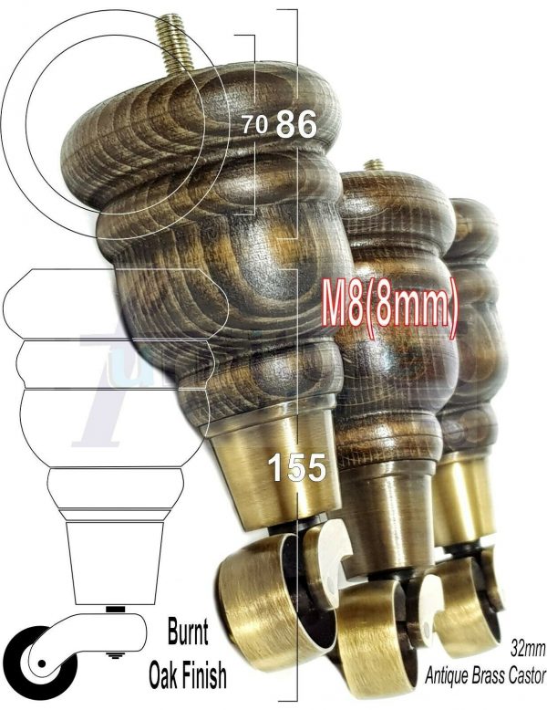4x SOLID WOOD FURNITURE LEGS M8 REPLACEMENT ANTIQUE BRASS CASTOR FEET 155mm HIGH - Image 41