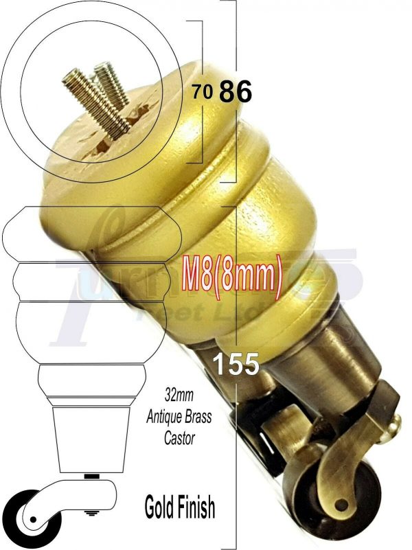 4x SOLID WOOD FURNITURE LEGS M8 REPLACEMENT ANTIQUE BRASS CASTOR FEET 155mm HIGH - Image 21