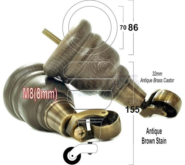 4x SOLID WOOD FURNITURE LEGS M8 REPLACEMENT ANTIQUE BRASS CASTOR FEET 155mm HIGH - Image 14