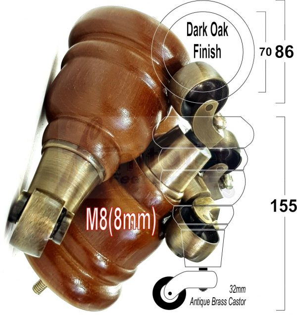 4x SOLID WOOD FURNITURE LEGS M8 REPLACEMENT ANTIQUE BRASS CASTOR FEET 155mm HIGH - Image 18