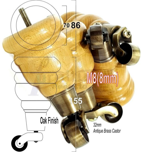 4x SOLID WOOD FURNITURE LEGS M8 REPLACEMENT ANTIQUE BRASS CASTOR FEET 155mm HIGH - Image 29