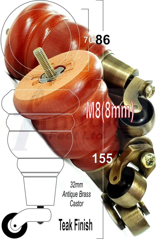 4x SOLID WOOD FURNITURE LEGS M8 REPLACEMENT ANTIQUE BRASS CASTOR FEET 155mm HIGH - Image 34
