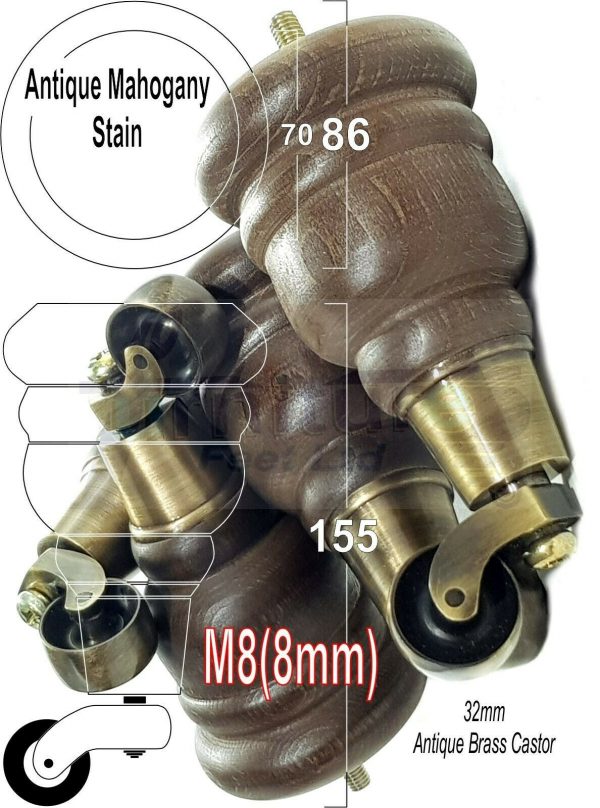 4x SOLID WOOD FURNITURE LEGS M8 REPLACEMENT ANTIQUE BRASS CASTOR FEET 155mm HIGH - Image 38