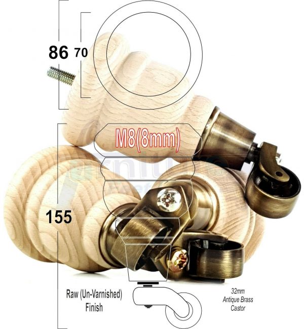 4x SOLID WOOD FURNITURE LEGS M8 REPLACEMENT ANTIQUE BRASS CASTOR FEET 155mm HIGH - Image 33